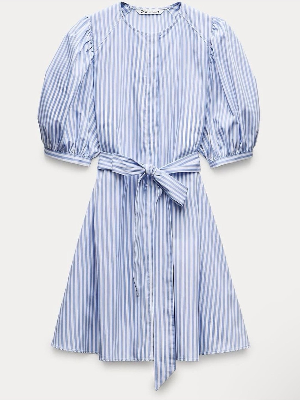 Zara Blue Stripe Belted Puff-Sleeve Shirt Dress